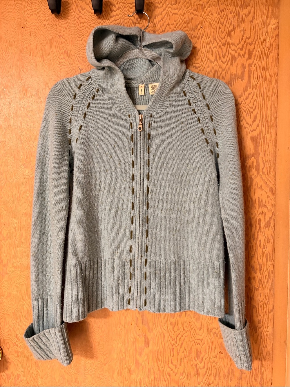 Moth (Anthropologie) Light Teal Hooded Zip Cardigan Sweater with Olive Stitching